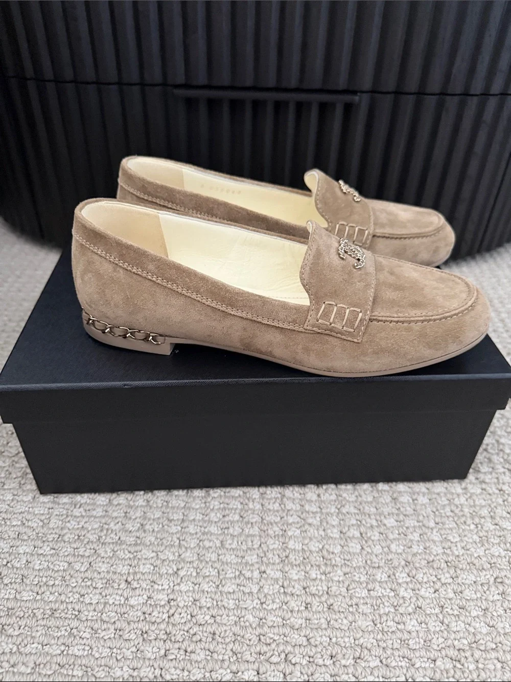 CHANEL Beige Suede CC Logo Loafers